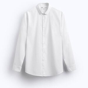 ZARA Men's White Active Fabric Slim Fit Long Sleeve Button Down Shirt, size L